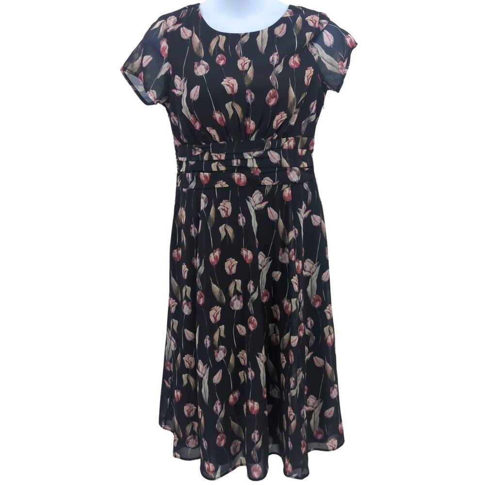 Wayward Fancies Dress Womens 12 Black Dark Floral Midi Feminine Romantic Modest